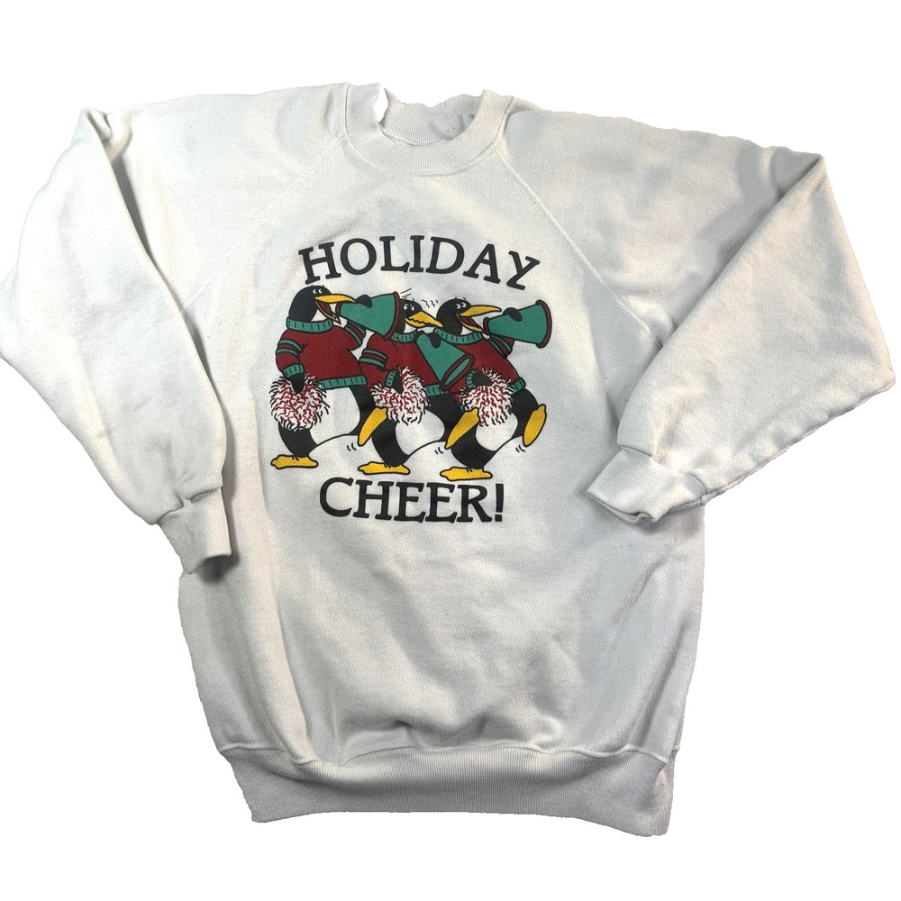 Vintage 80s Holiday Cheer Sweatshirt Womens M White Penguins Cottagecore USA